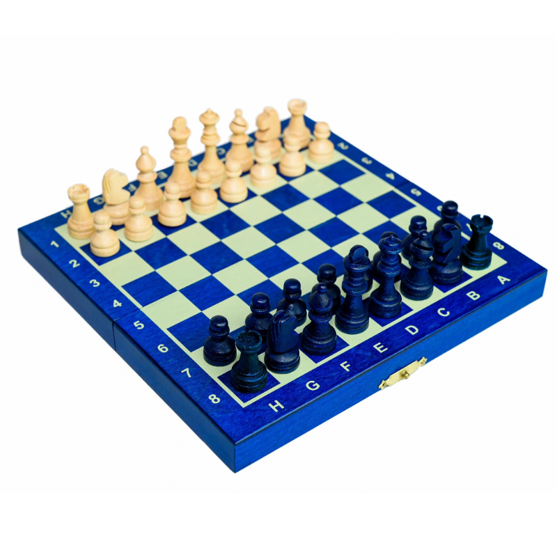 Magnetisches Mini-Schachspiel aus Holz (20 cm), Blau
